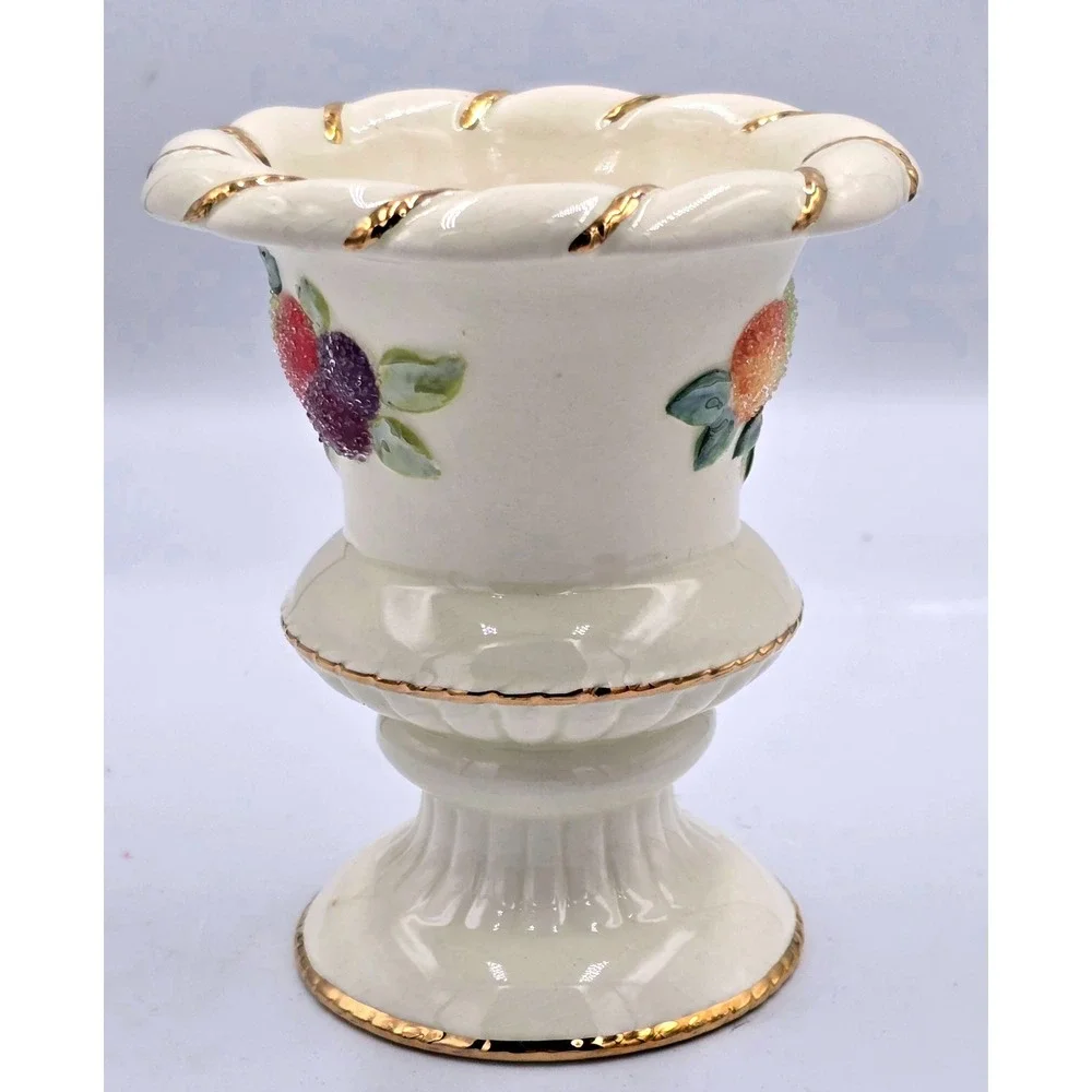 Vintage Sugared Fruit Ivory Ceramic Pedestal Candle Holder Gold Gilt Trim Single